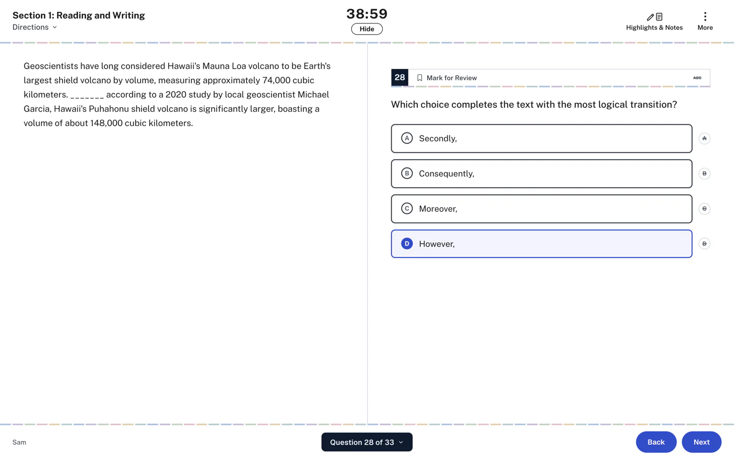 A Reading and Writing question in the digital SAT layout
